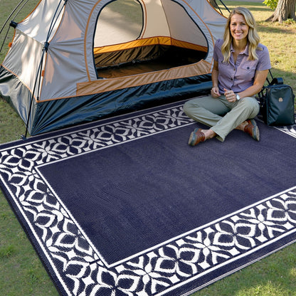 PureCozy Outdoor Plastic Straw Rug Navy Blue Large Outside Waterproof Outdoor Patio 5x8 Carpet Geometric Reversible Mat Modern for Camping RV Porch Deck Balcony Beach