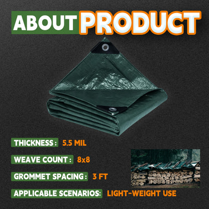 RAINDEWAY Green Tarp 8x10 Feet,Finished Size,5.5 Mil Thick,Multipurpose Waterproof Poly Tarps Cover with Metal Grommets and Reinforced Edges