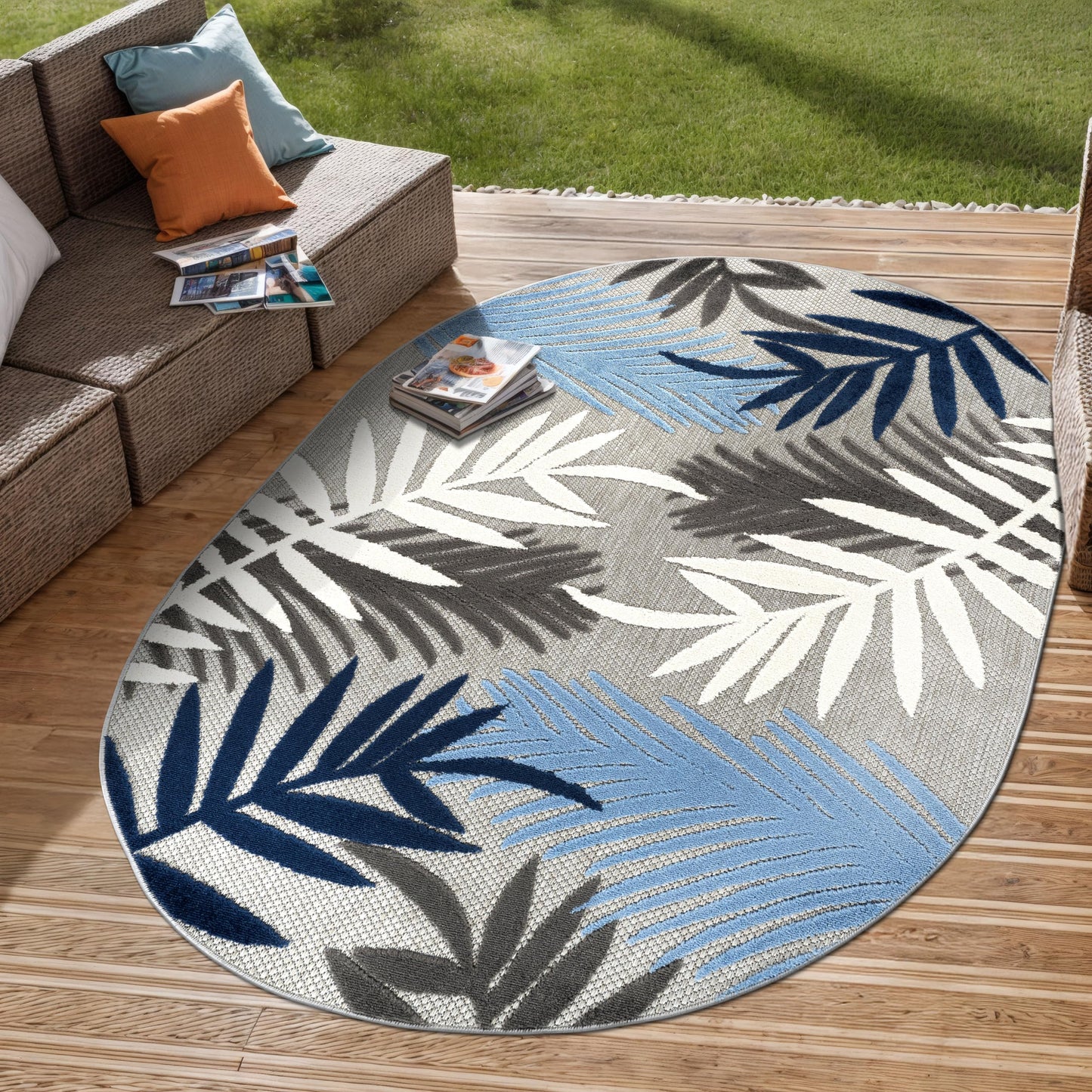Rugshop Blue Palm Frond Indoor/Outdoor Oval Area Rug Easy Cleaning for Patio, Deck and Living Room, 5' x 7' Oval
