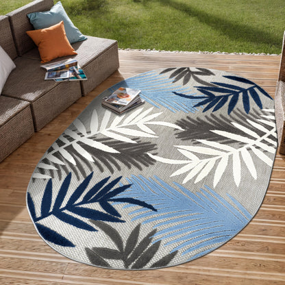 Rugshop Blue Palm Frond Indoor/Outdoor Oval Area Rug Easy Cleaning for Patio, Deck and Living Room, 5' x 7' Oval