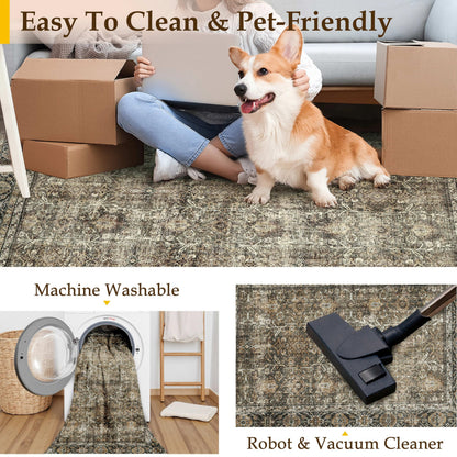 PureCozy Brown Runner Rug 2x6 Vintage Area Carpet Hallway Long Indoor Kitchen Washable Living Room Low Pile Traditional Distressed Retro Accent Throw Rug Non Slip Laundry Bathroom Office Dining Room
