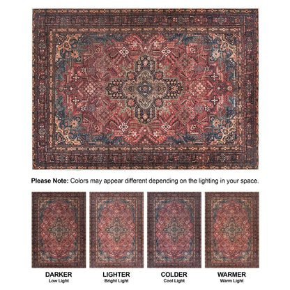 Bloom Rugs Washable Non-Slip 4' x 6' Rug - Red/Teal Blue/Yellow Traditional Medallion Area Rug for Living Room, Bedroom, Dining Room, and Kitchen - Exact Size: 4' x 6'