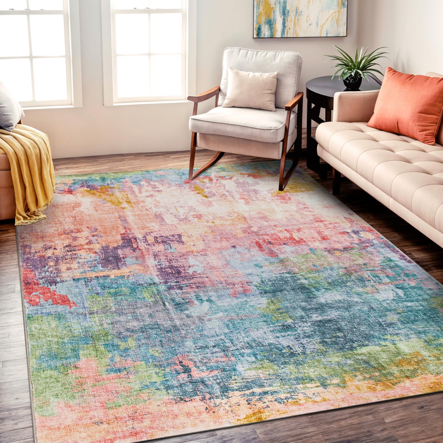 Rugshop Multi Abstract Distressed Area Rug, Machine Washable Non-Slip Modern Artistic Carpet for Living Room, Bedroom and Home Office, 5' x 7'
