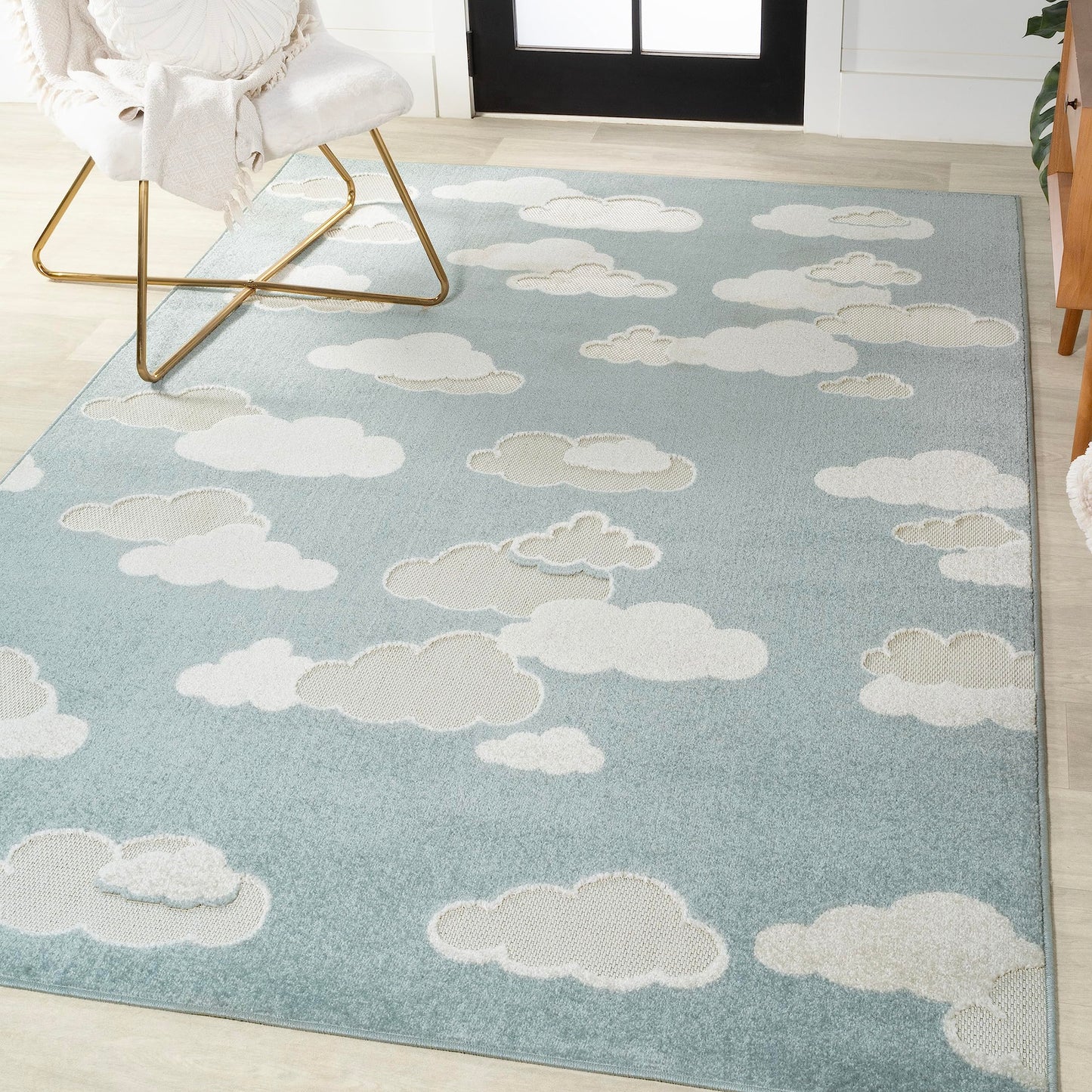 Eyely High-Low Cloud Scandi Area Rug 4 X 6 Blue/Ivory, Indoor Outdoor Rug