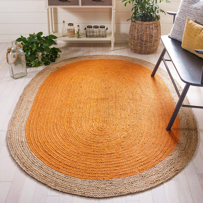 SAFAVIEH Area Rug 4x6 Oval - Natural Fiber Collection - Orange & Natural Brown, Handmade Jute, Braided Border Design (NF801B)