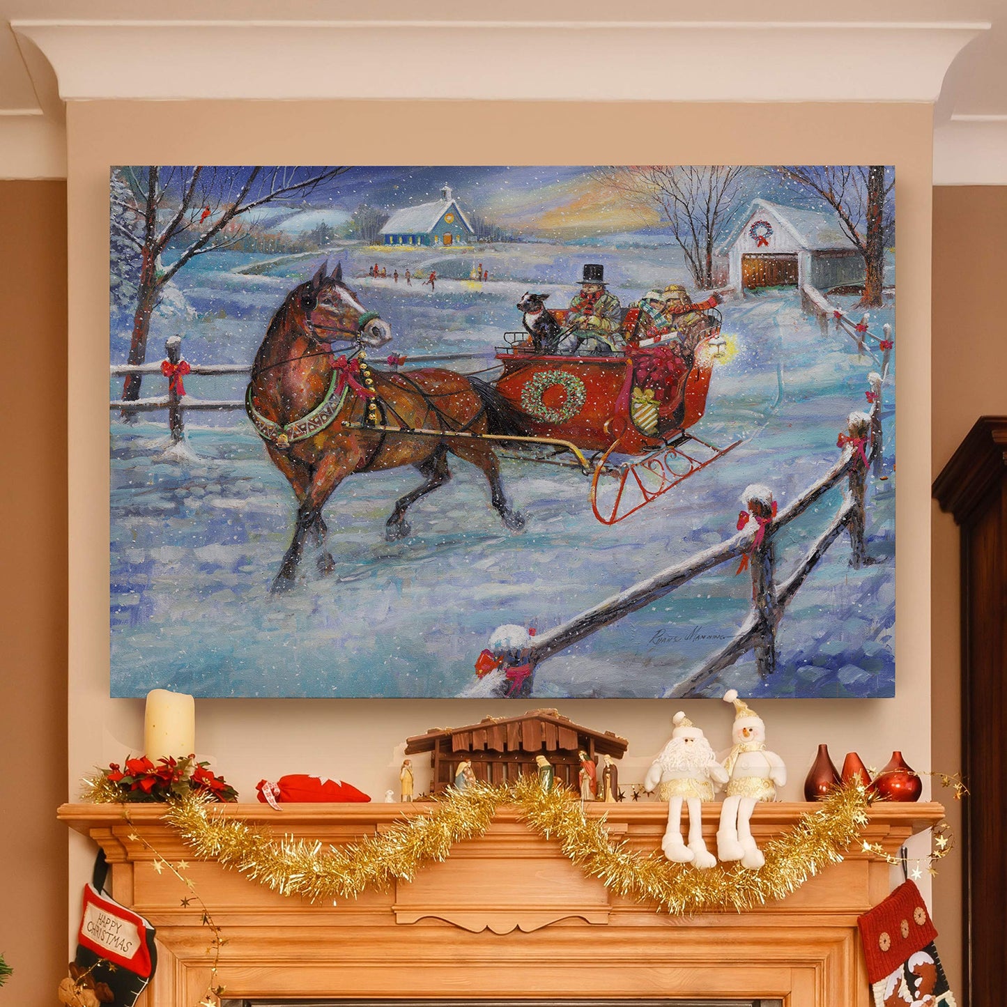 Renditions Gallery Xmas Canvas Wall Art Paintings Ruane Manning Sleigh Bells Christmas Ride Abstract Art Wall Hanging Prints for Bedroom Dining Living Room Office Home Kitchen Decor - 32"X48" LT18