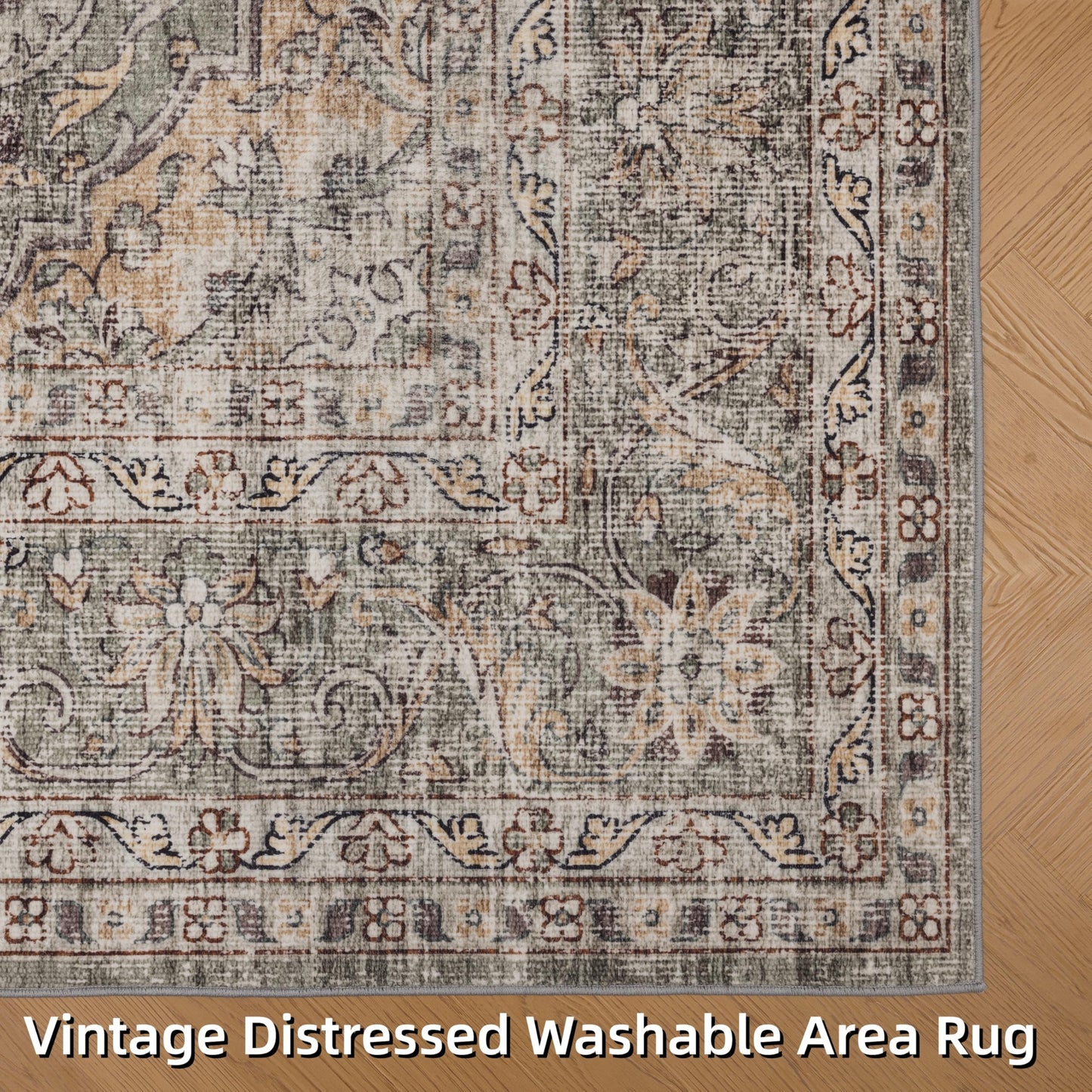 Green 4x6 Area Rugs for Living Room, Boho Vintage Washable Rugs with Non-Slip Backing, Low Pile Retro Soft Carpet for Bedroom, Study Room, Home Office, Dining Room, Olive Green Taupe