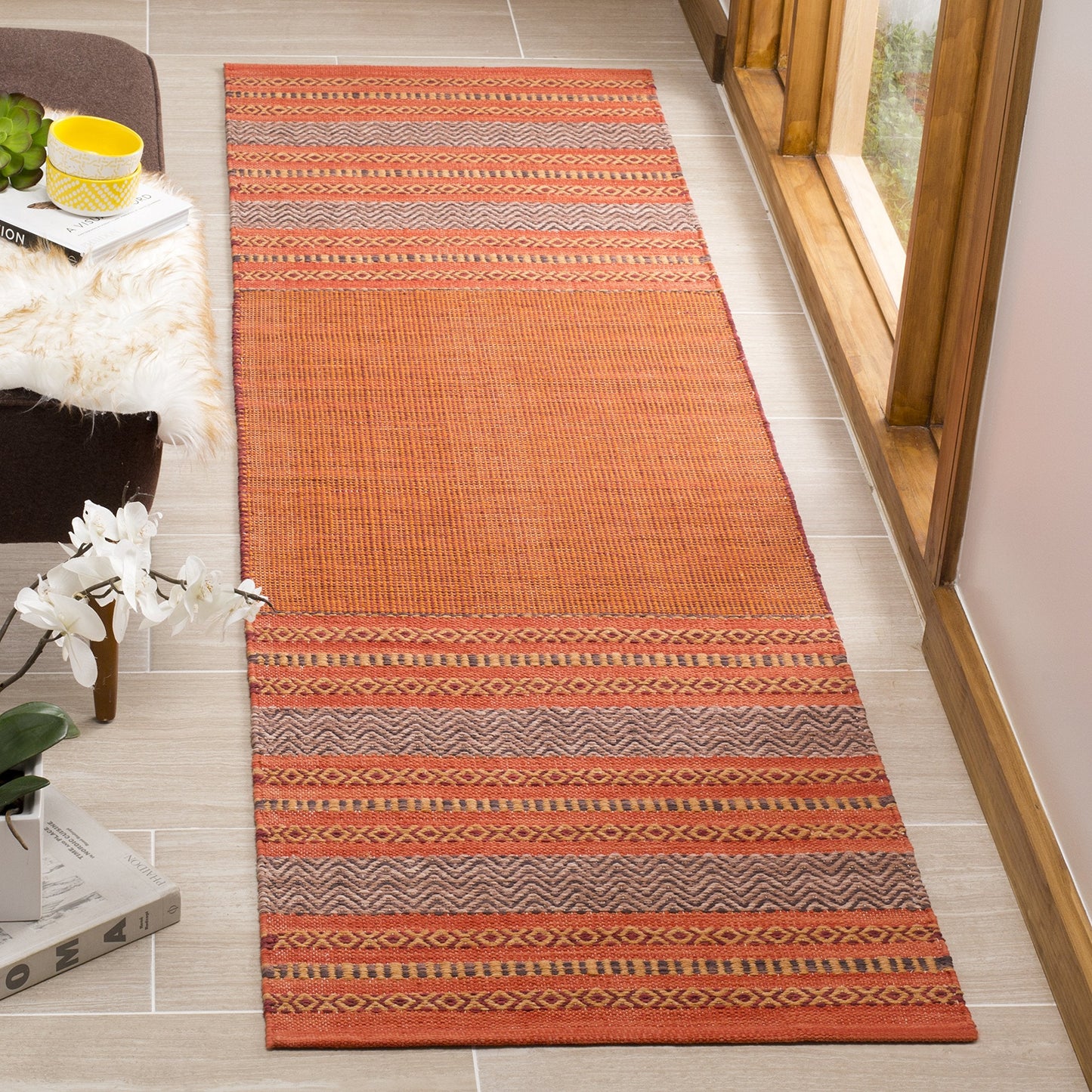 SAFAVIEH Montauk Collection Runner Rug - 2'6" x 6', Orange & Red, Handmade Flat Weave Stripe Cotton, Ideal for High Traffic Areas in Living Room, Bedroom (MTK214B)