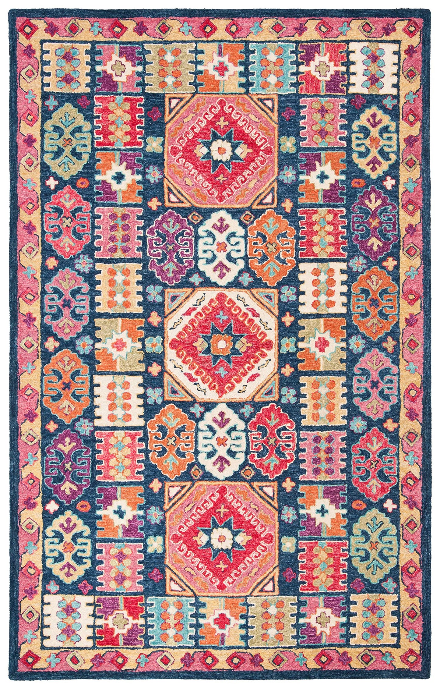 SAFAVIEH Aspen Collection Area Rug - 5' x 8', Blue & Red, Handmade Boho Wool, Ideal for High Traffic Areas in Living Room, Bedroom (APN518M)