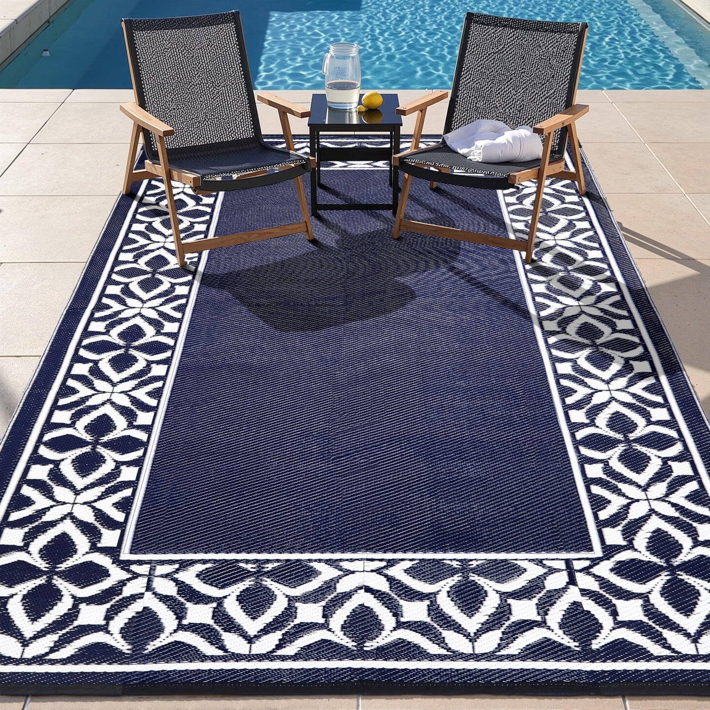 PureCozy Outdoor Plastic Straw Rug Navy Blue Large Outside Waterproof Outdoor Patio 5x8 Carpet Geometric Reversible Mat Modern for Camping RV Porch Deck Balcony Beach