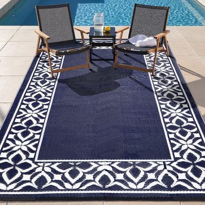 PureCozy Outdoor Plastic Straw Rug Navy Blue Large Outside Waterproof Outdoor Patio 5x8 Carpet Geometric Reversible Mat Modern for Camping RV Porch Deck Balcony Beach