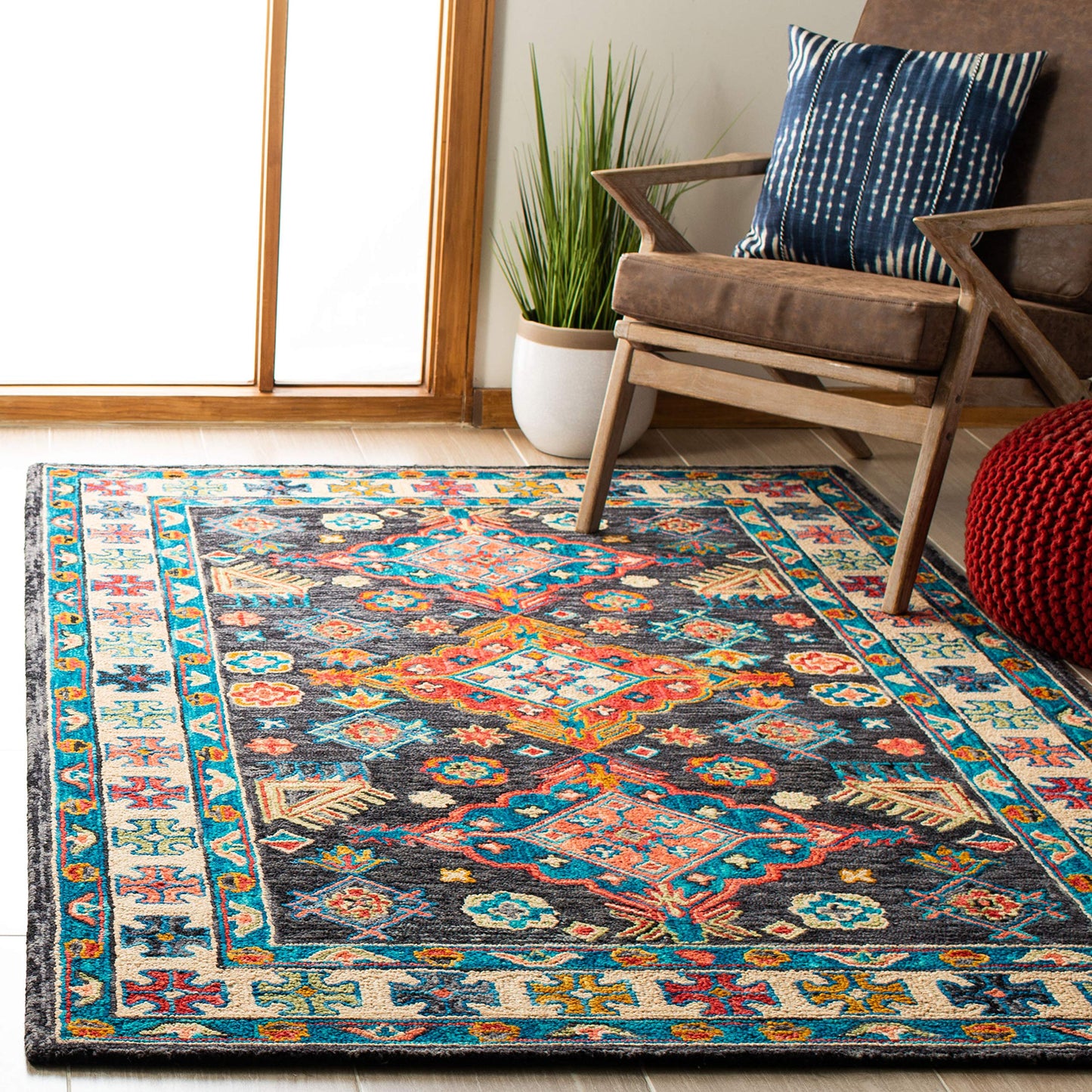 SAFAVIEH Aspen Collection Area Rug - 6' x 9', Charcoal & Blue, Handmade Boho Wool, Ideal for High Traffic Areas in Living Room, Bedroom (APN521H)