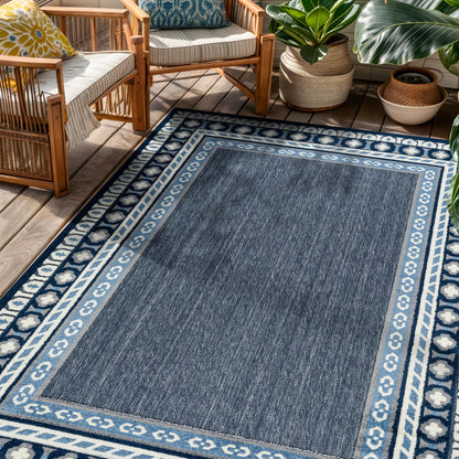 Rugshop Indoor/Outdoor High-Low Textured Area Rug, Coastal Border, Easy-Clean Patio Rug for Porch Deck Balcony 4' x 6' Navy