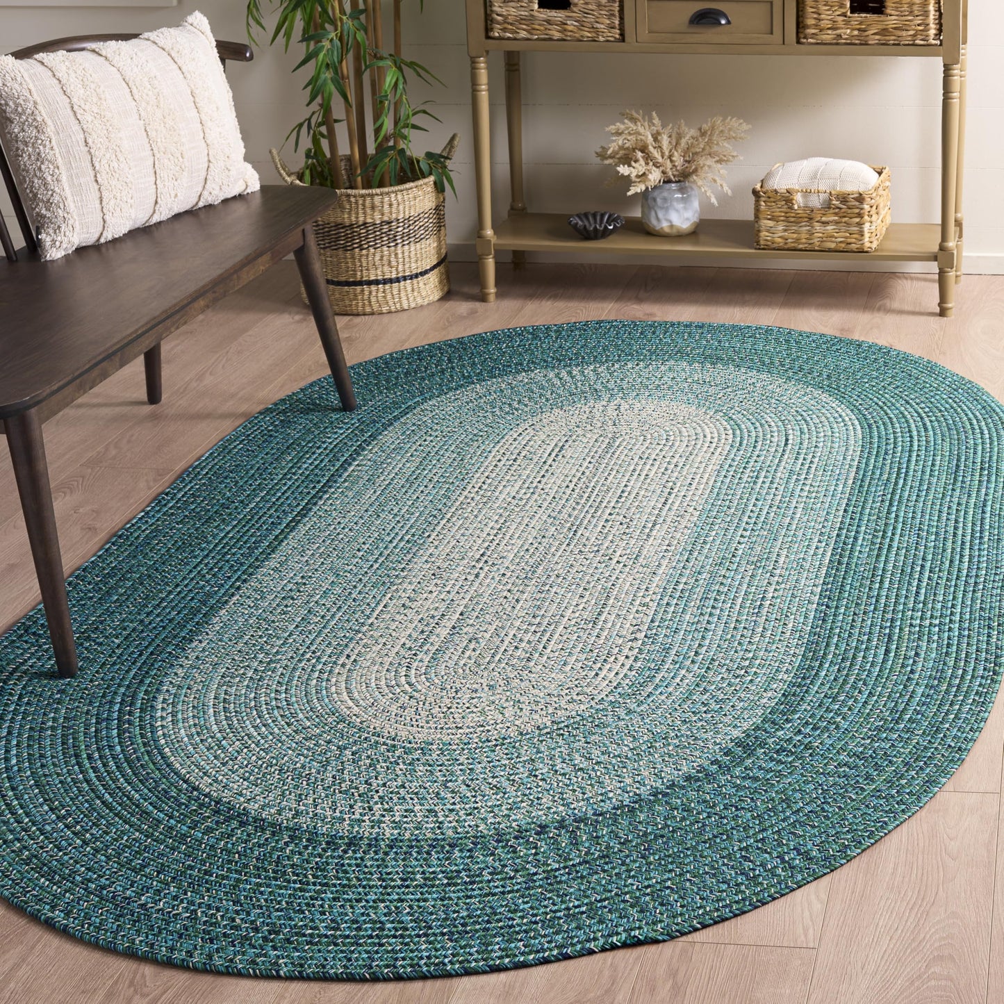 SAFAVIEH Washable Rug Outdoor Braided Collection - 4' x 6' Oval, Ivory & Turquoise, Handmade & Reversible, Non-Shedding & Easy to Clean, Ideal for Patio, Backyard, Deck, Kitchen, Mudroom (BRA220K)