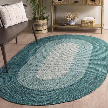 SAFAVIEH Washable Rug Outdoor Braided Collection - 4' x 6' Oval, Ivory & Turquoise, Handmade & Reversible, Non-Shedding & Easy to Clean, Ideal for Patio, Backyard, Deck, Kitchen, Mudroom (BRA220K)