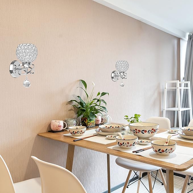 TISLYCO Crystal Wall Sconces Set of Two, Modern Wall Light Sconces Wall Lighting with Hanging Crystal Ball, Wall Mount Lamp Bedside Wall Lamp Silver Sconces Wall Light for Bedroom Living Room Hallway