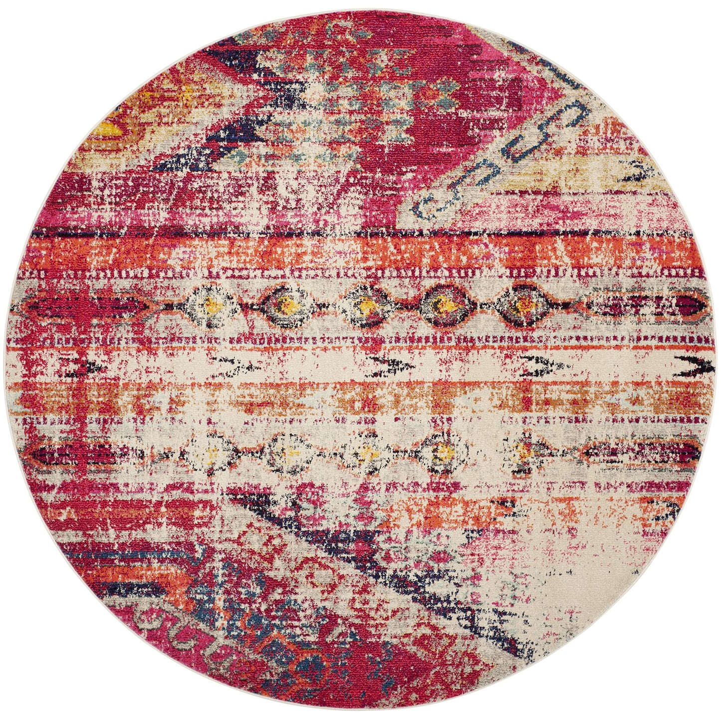 SAFAVIEH Monaco Collection Area Rug - 6'7" Round, Magenta & Multi, Boho Chic Tribal Distressed Design, Non-Shedding & Easy Care, Ideal for High Traffic Areas in Living Room, Bedroom (MNC222D)
