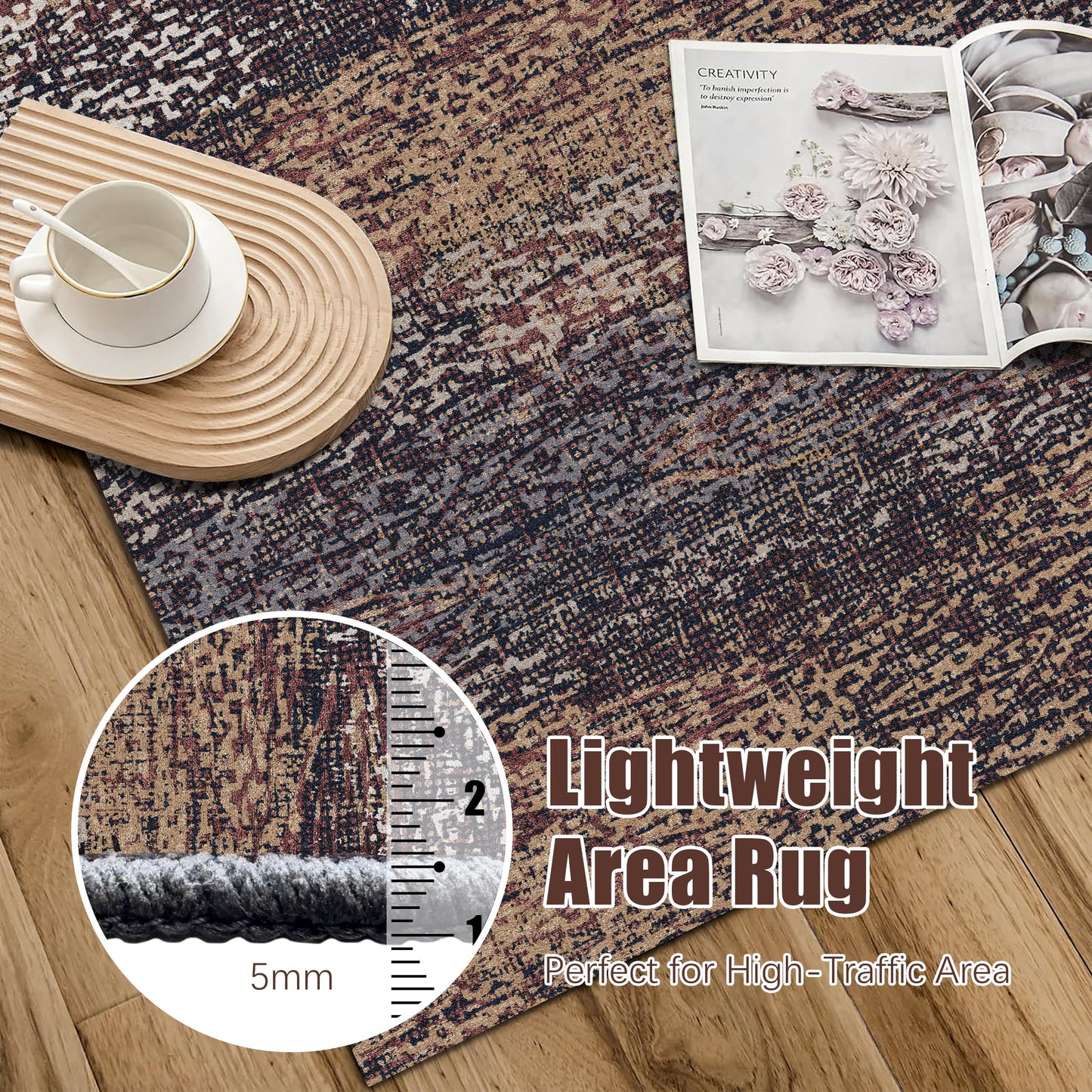 RUGSURE Washable Area Rug - 1/6 Thick - Stain & Water Resistant Non-Slip - Resistant Rug for Living Room, Bedroom, Nursery, Pet & Child Friendly, Vintage Charm Area Rugs (Rust, 2'6'' x 8')