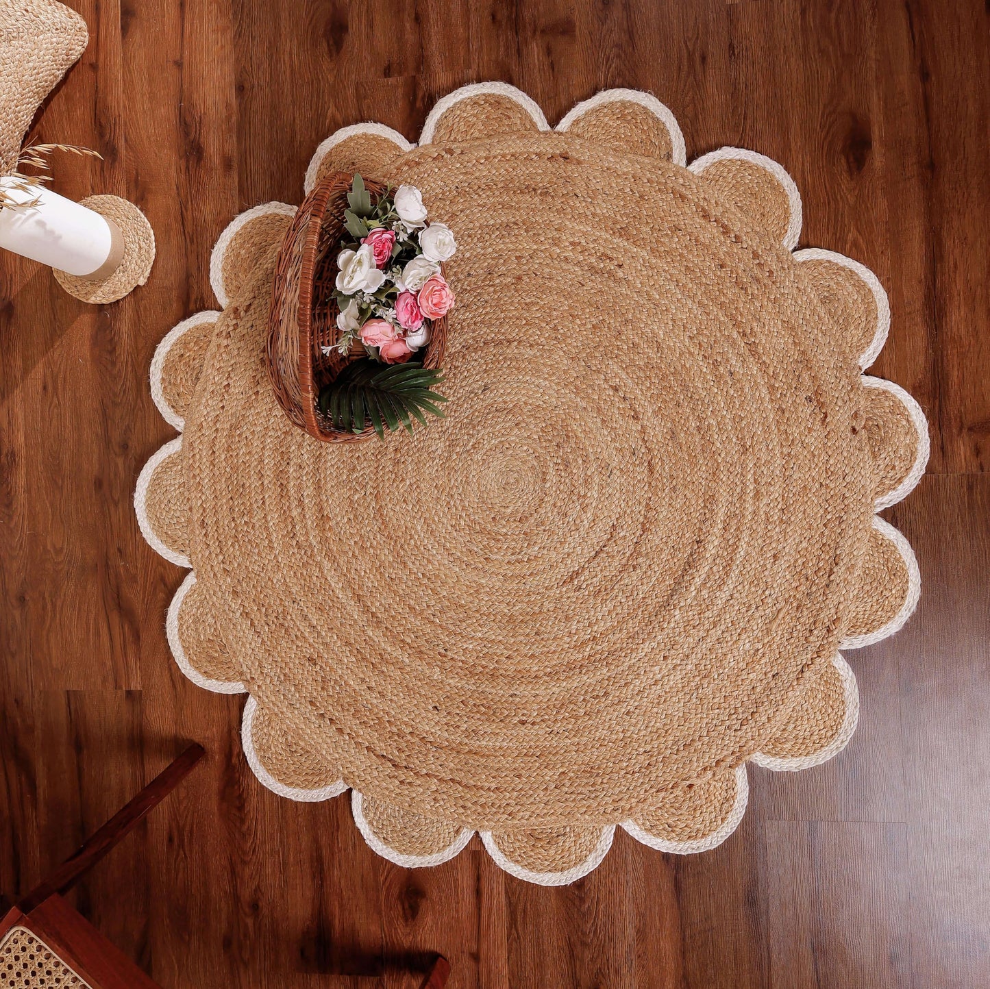 RUGSWEAVE Jute Braided Area Rug - 4'x4' Round Vintage Farmhouse Rug, Handmade Circle Boho Area Rug for Living Room, Bedroom, Natural x White Trim