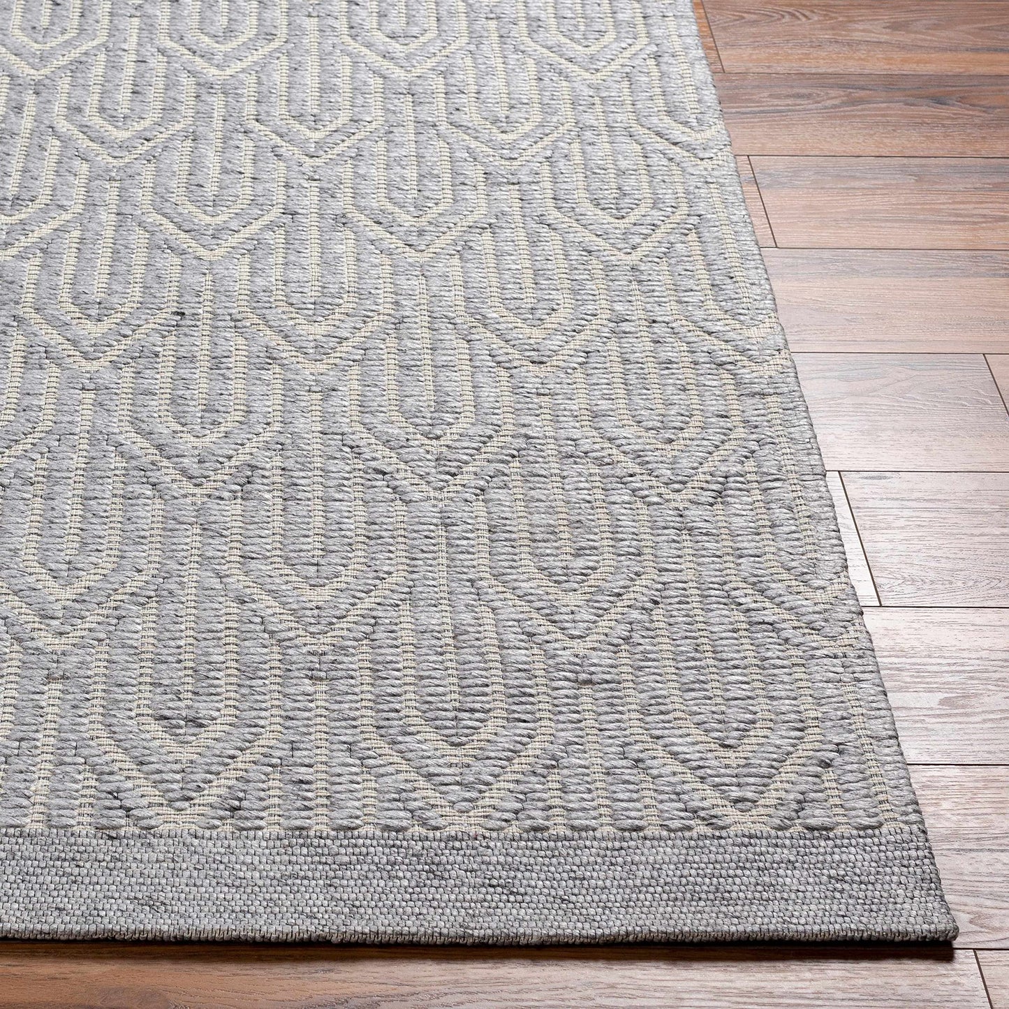 Hauteloom Peri Recycled Material Area Rug - Geometric Abstract Border Scalloped Diamond - Contemporary Modern Minimalist Transitional Scandinavian - Gray, Cream, Black, Beige, Charcoal - 2' x 3'