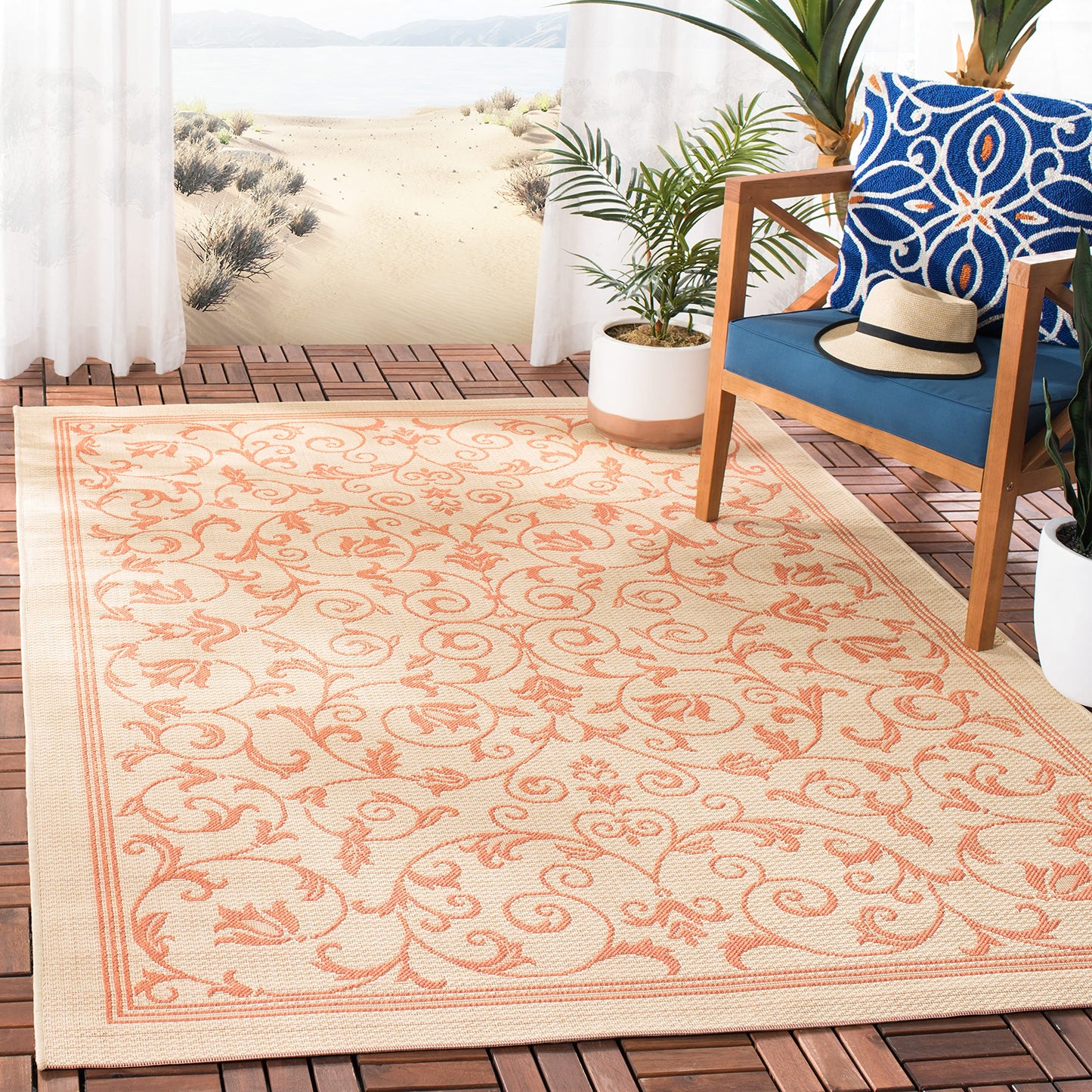 SAFAVIEH Washable Rug Outdoor Courtyard Collection - 5'3" x 7'7", Natural & Terracotta, Non-Shedding & Easy Cleaning, Ideal for Patio, Backyard, Mudroom (CY2098-3201)
