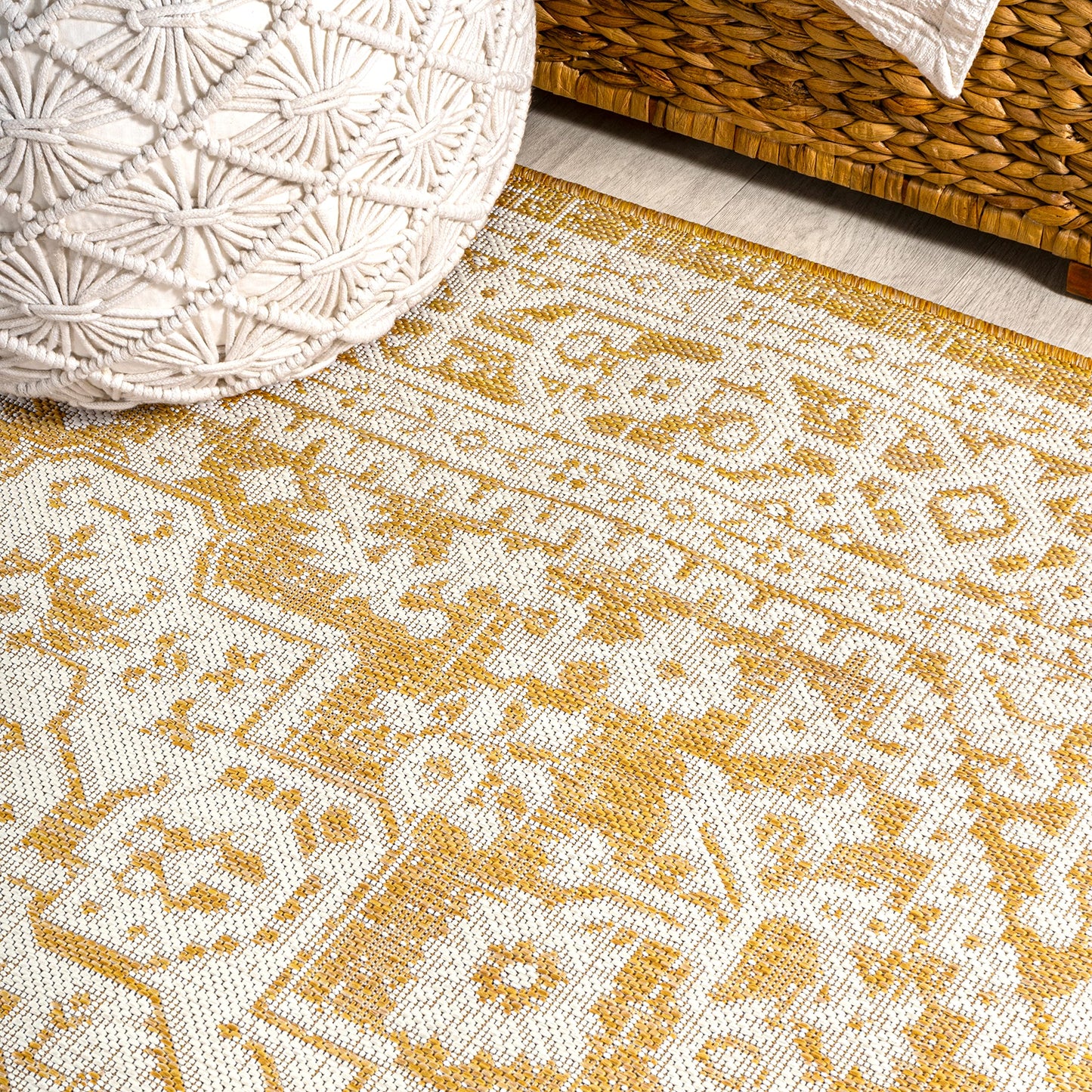 JONATHAN Y Medallion Weave Indoor Outdoor Runner Rug 2X10 Yellow/Cream, Sinjuri Textured for Backyard, Patio, Porch, Easy-Cleaning, High Traffic, Pet-Friendly, Non-Shedding (SMB101I-210)