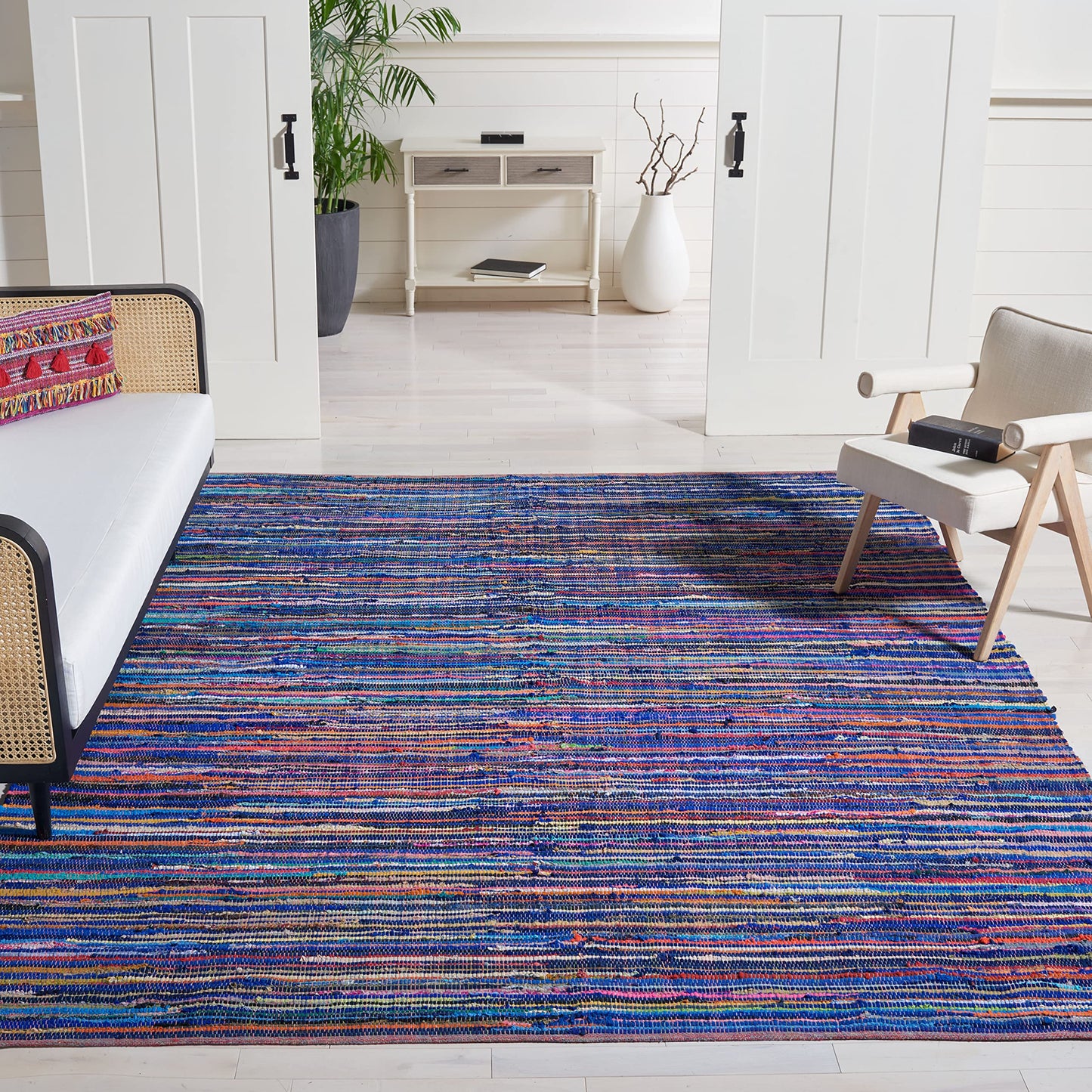 SAFAVIEH Rag Rug Collection Area Rug - 9' x 12', Blue & Multi, Handmade Boho Stripe Cotton, Ideal for High Traffic Areas in Living Room, Bedroom (RAR240B)