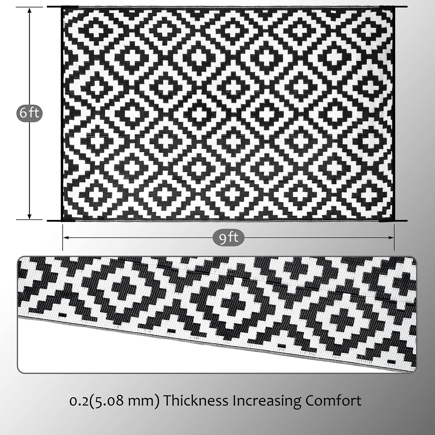 SAND MINE Waterproof Outdoor Rug 6x9 ft, Reversible Mats, Modern Area Rug, Large Floor Mat and Rug for Outdoors, RV, Patio, Backyard, Deck, Picnic, Beach, Trailer, Camping, Black & White Lattice