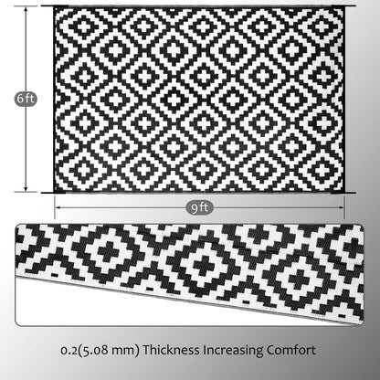 SAND MINE Waterproof Outdoor Rug 6x9 ft, Reversible Mats, Modern Area Rug, Large Floor Mat and Rug for Outdoors, RV, Patio, Backyard, Deck, Picnic, Beach, Trailer, Camping, Black & White Lattice