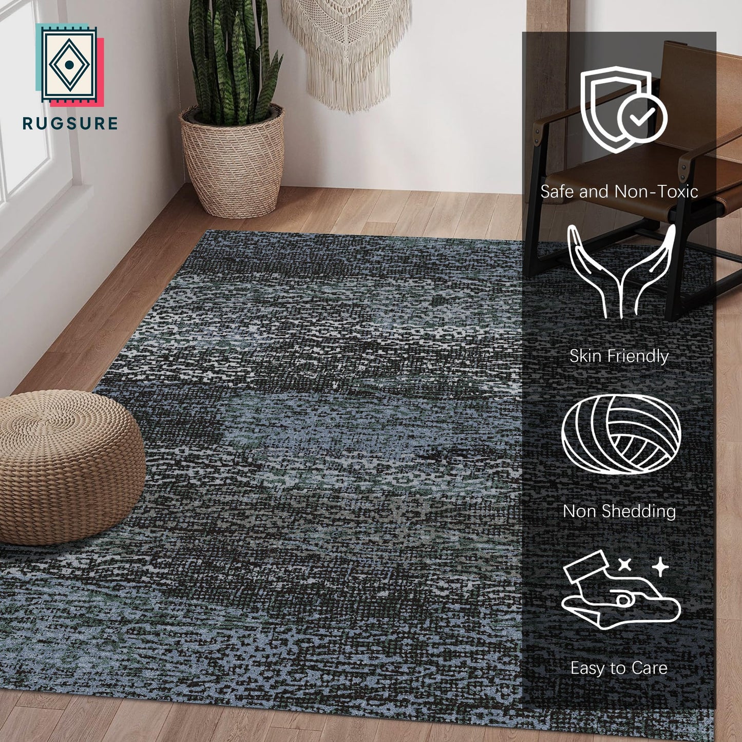 RUGSURE Washable Area Rug - 1/6 Thick - Stain & Water Resistant Non-Slip - Resistant Rug for Living Room, Bedroom, Nursery, Pet & Child Friendly, Vintage Charm Area Rugs (Darkgrey+Bule, 5' x 7')