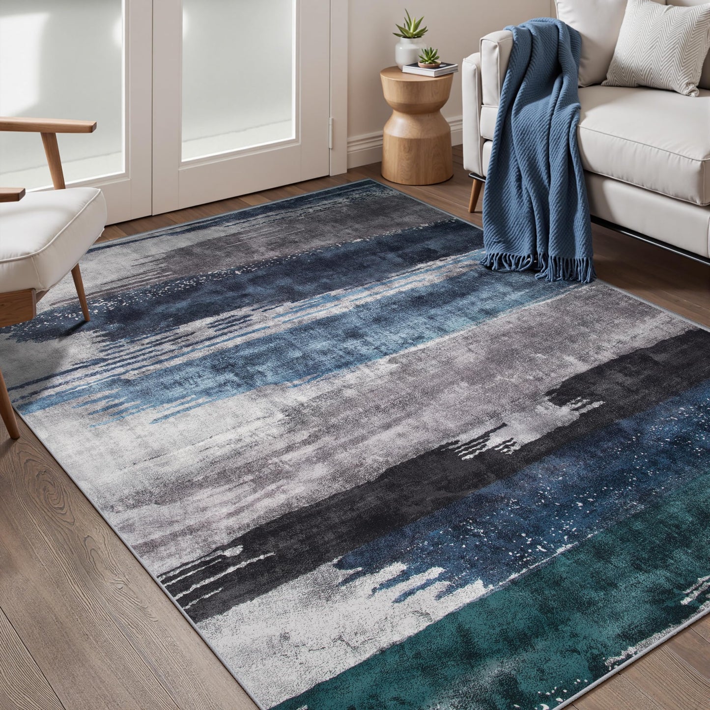 Ciicool Abstract Area Rug Indoor, 3x5 Washable Entryway Rug, Modern Soft Throw Rug with Non-Slip Backing Ideal for Bedroom Living Room Entrance Kitchen, Low-Pile Floor Carpet Doormat Blue Grey