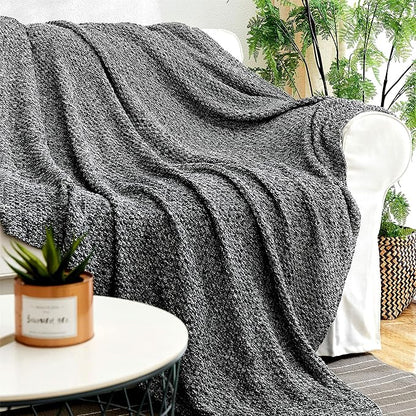 Longhui bedding Black Knitted Throw Blanket for Couch, Soft, Cozy Machine Washable 100% Cotton Sofa Cable Knit Blankets, 4.0lb Weight, 60 x 80 Inches Oversized, Black White Color