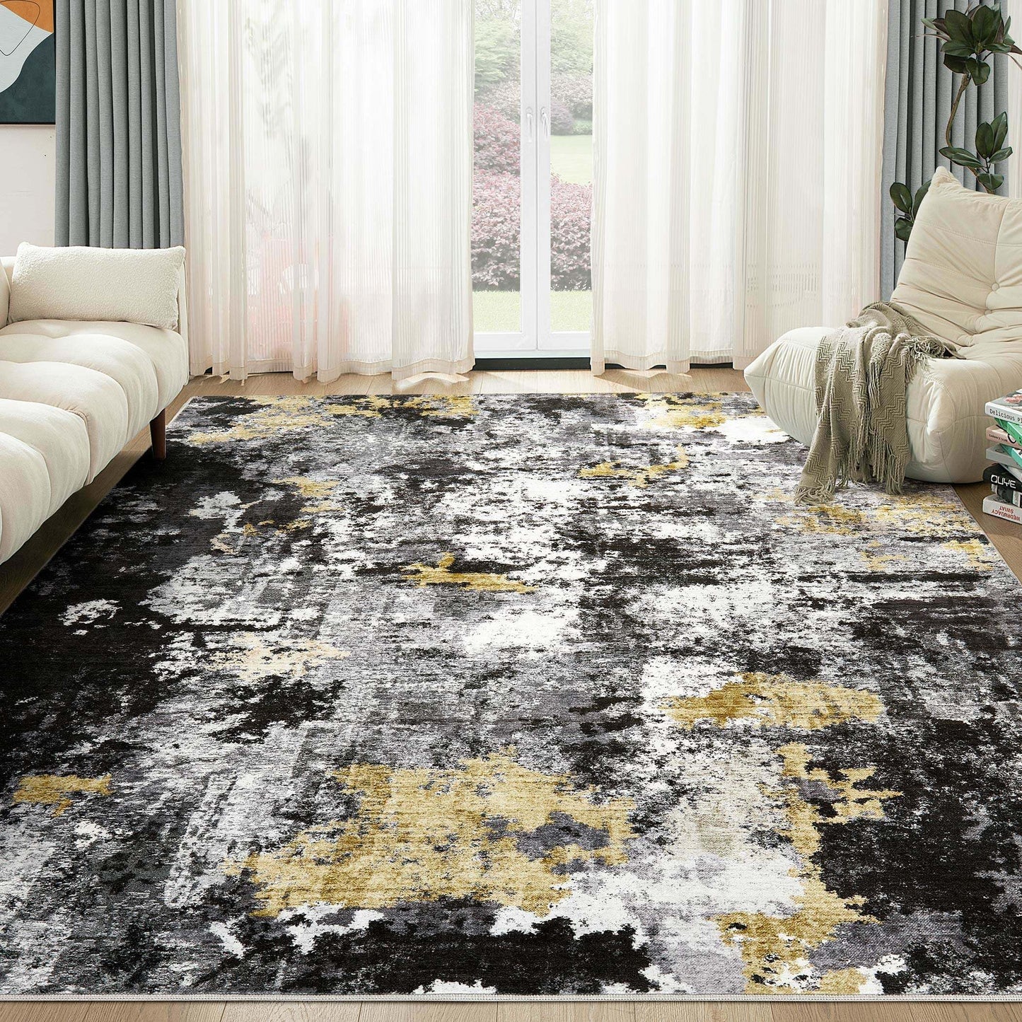 TARANCH Abstract 11x14 Area Rug: Machine Washable Non Slip Ultra Thin Low-Pile Carpet, Soft Stain Resistant for Living Dining Room Bedroom, Kid Pet Friendly, Robot Vacuum Compatible - Black Gold