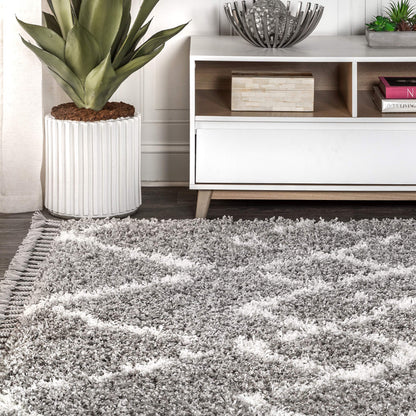 JONATHAN Y Mercer Shag Plush Tassel Gray/Ivory Indoor Area Rug, 3x5, Moroccan Geometric Trellis, Contemporary, Easy-Cleaning for Living Room, Bedroom, Kitchen, Pet Friendly, Non-Shedding (MCR102C-3)