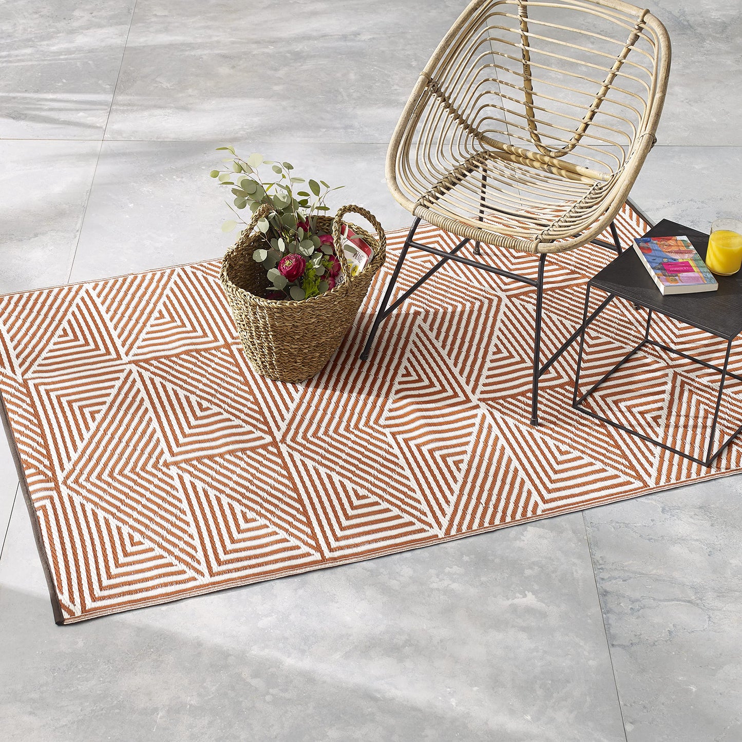 Fab Habitat Outdoor Rug - Waterproof, Fade Resistant, Crease-Free - Premium Recycled Plastic - Modern Geometric - Patio, Deck, Porch, Balcony, Laundry Room - Tokyo - Burnt Orange - 4 x 6 ft