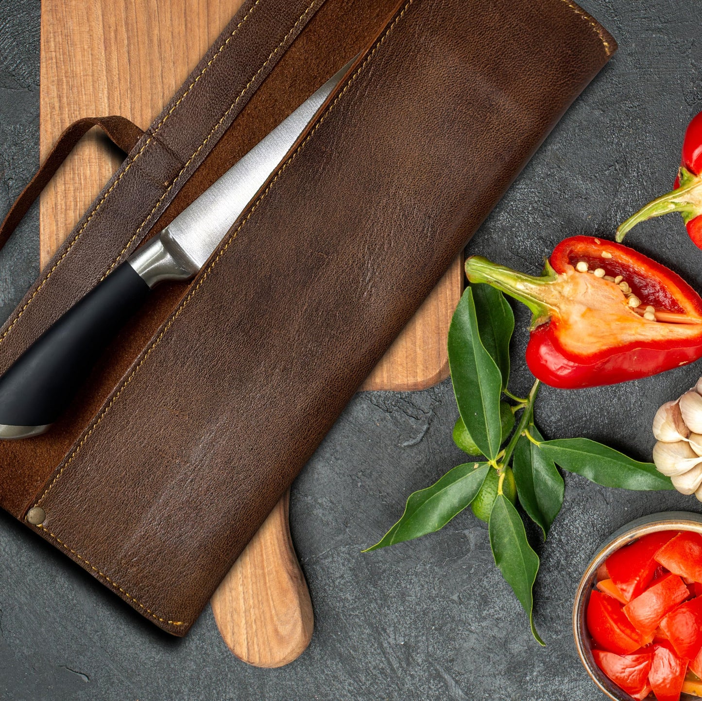 Leather Chef Knife Roll Bag – Single Slot Handmade Knife Sheath | Knife Wrap Case for Kitchen, Travel, BBQ & Camping | Cook & Butcher Knife Organizer | Chef Gift for Men & Women | Brown