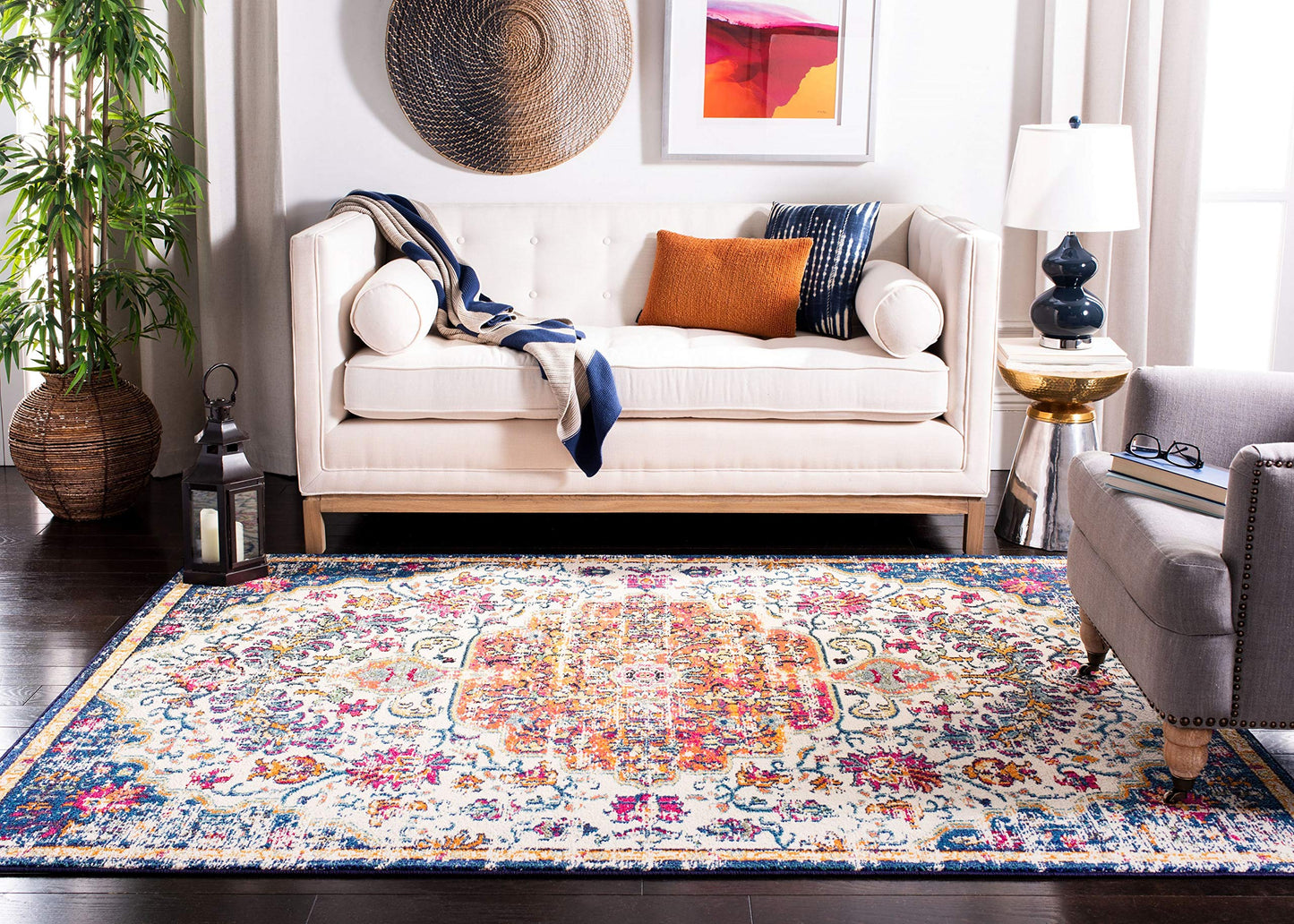 SAFAVIEH Madison Collection Area Rug - 9' x 12', Ivory & Orange, Boho Chic Medallion Distressed Design, Non-Shedding & Easy Care, Ideal for High Traffic Areas in Living Room, Bedroom (MAD447A)