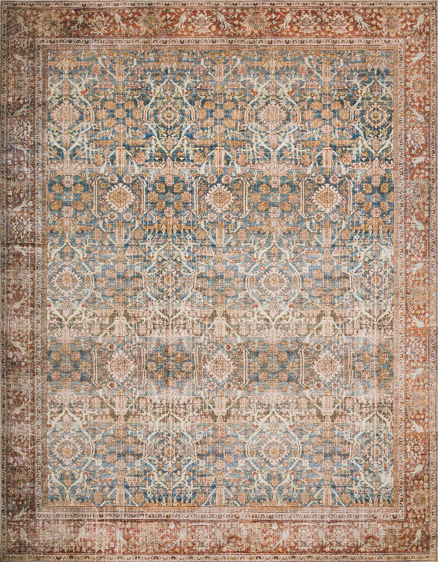 Loloi Layla Collection LAY-04 Ocean/Rust 7'-6" x 9'-6" .13" Thick Area Rug, Soft, Durable, Vintage Inspired, Distressed, Low Pile, Non-Shedding, Easy Clean, Printed, Living Room Rug
