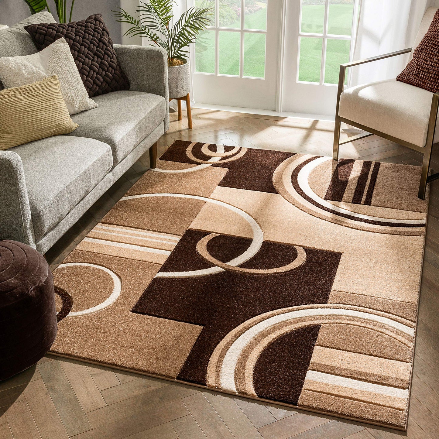 Well Woven Ruby Echo Shapes & Circles Geometric Ivory and Beige 5 by 7 Rug - Abstract Modern Thick Pile Carpet, Soft Durable Easy Care Floor Covering, Contemporary Neutral Geometric Pattern