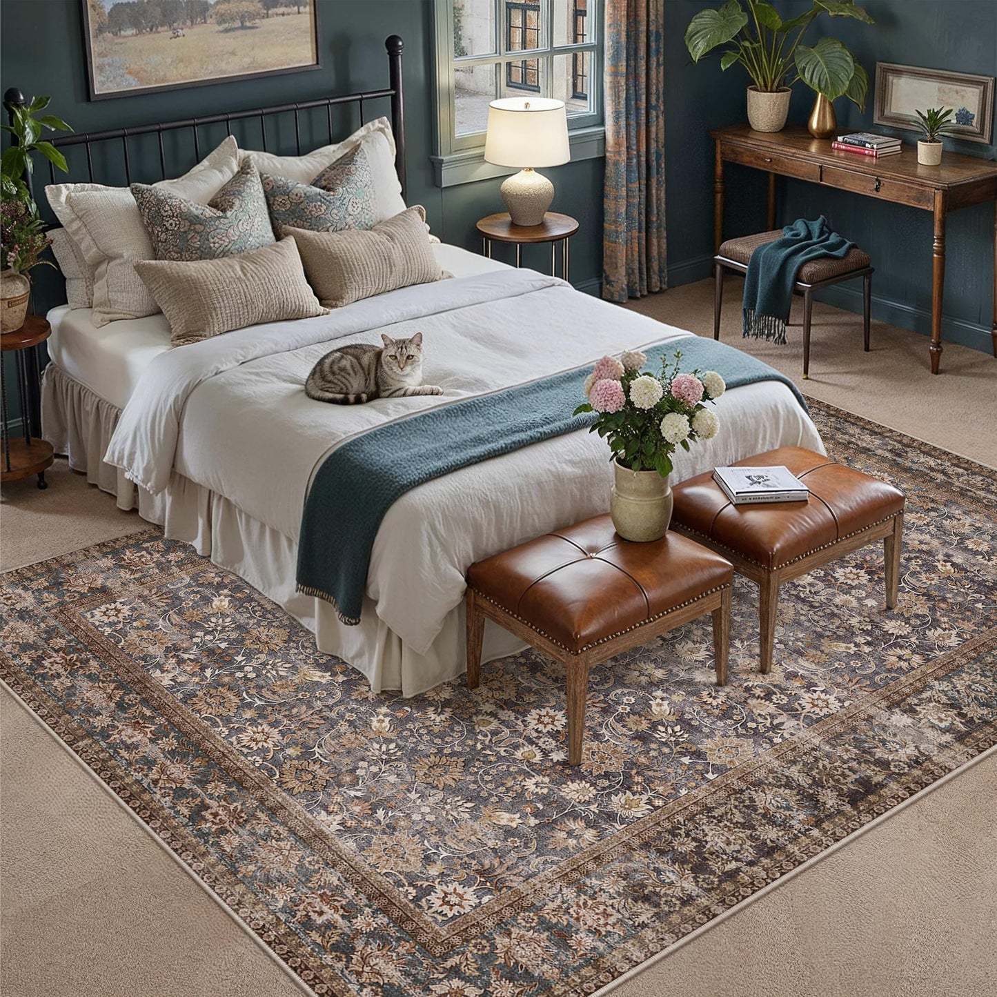 HUGEAR 8x10 Machine Washable Rugs Tradition Brown Hallway Large Area Rug Indoor Accent Rug Floral Low Pile Carpet Soft Throw Aesthetic Rug Bedroom Living Room Office Dining Room Kitchen Laundry Room