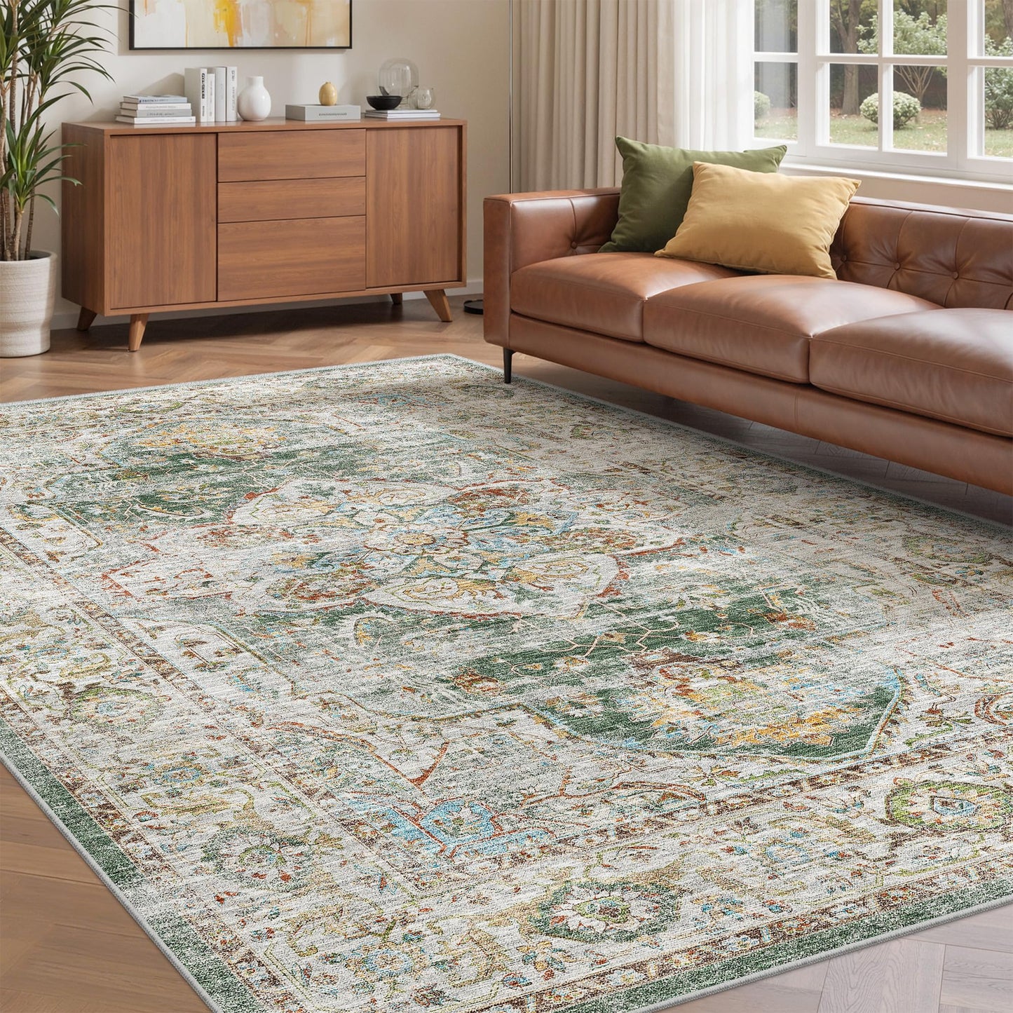 befbee 6x9 Area Rugs for Living Room - Stain Resistant Non-Slip Backing Machine Washable Rugs for Bedroom - Boho Persian Large Area Rug (Green, 6'x9')