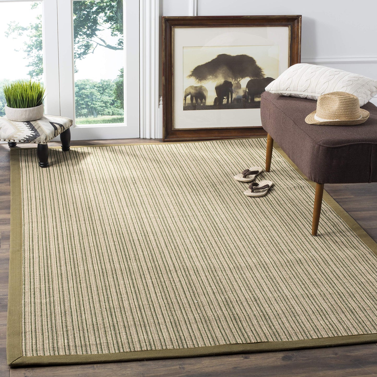 SAFAVIEH Natural Fiber Collection Accent Rug - 4' x 6', Green & Green, Border Stripe Sisal Design, Easy Care, Ideal for High Traffic Areas in Entryway, Living Room, Bedroom (NF442A)