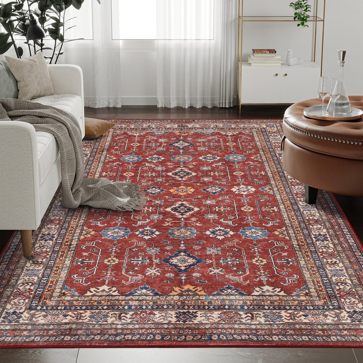Rugland 5x7 Area Rugs - Stain Resistant Washable Rugs 5x7, Anti Slip Backing Low Pile Rugs for Living Room, Bedroom, Vintage Tribal Area Rugs, Burgundy