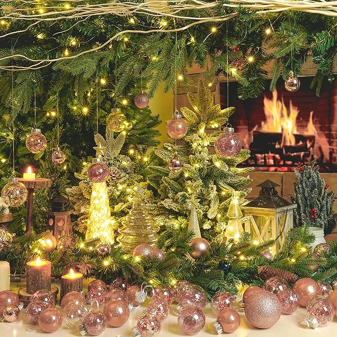 XmasExp 32ct Christmas Ball Ornaments Set -Rose Gold Clear Plastic Shatterproof Xmas Tree Ball Decorations Hanging Baubles for Holiday Decor