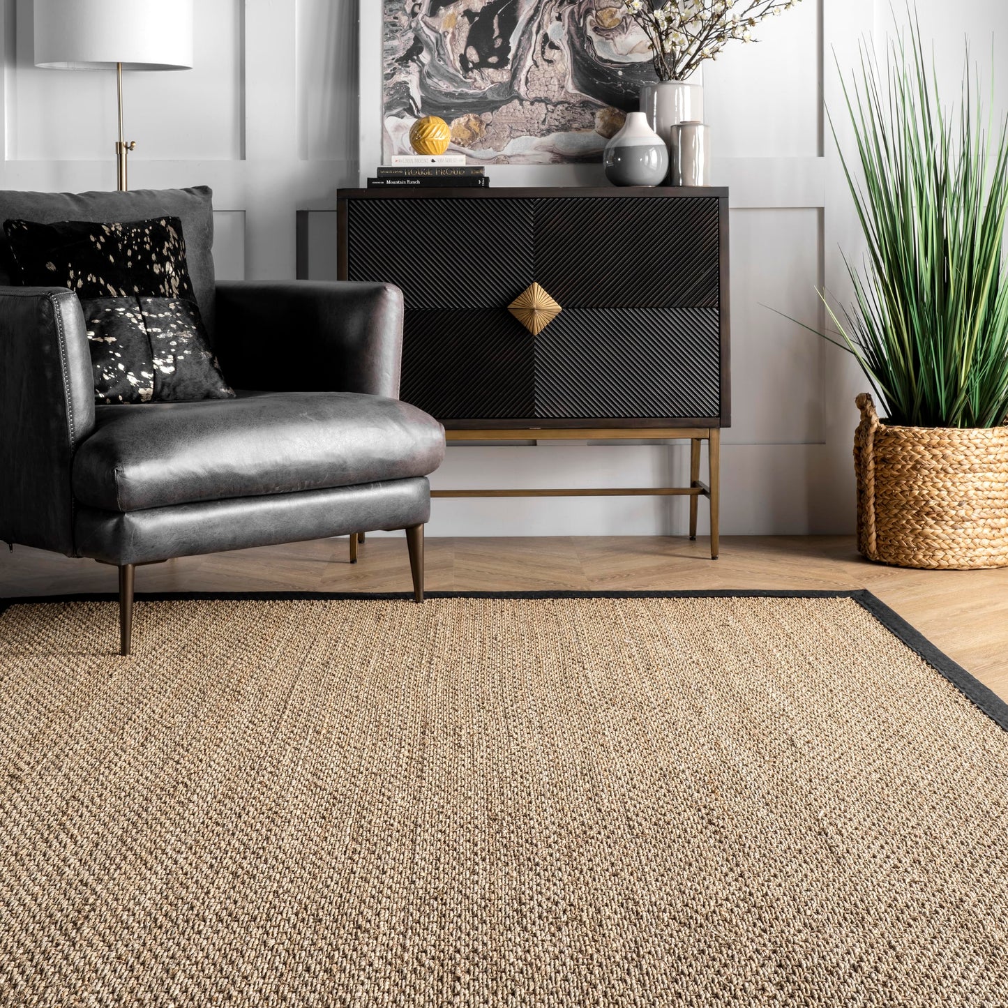 nuLOOM 4x6 Elijah Seagrass Area Rug, Black, Solid Farmhouse Style, Cotton Bordered, Basketweave, Natural Fiber, For Bedroom, Dining Room, Living Room, Hallway, Office, Kitchen, Entryway
