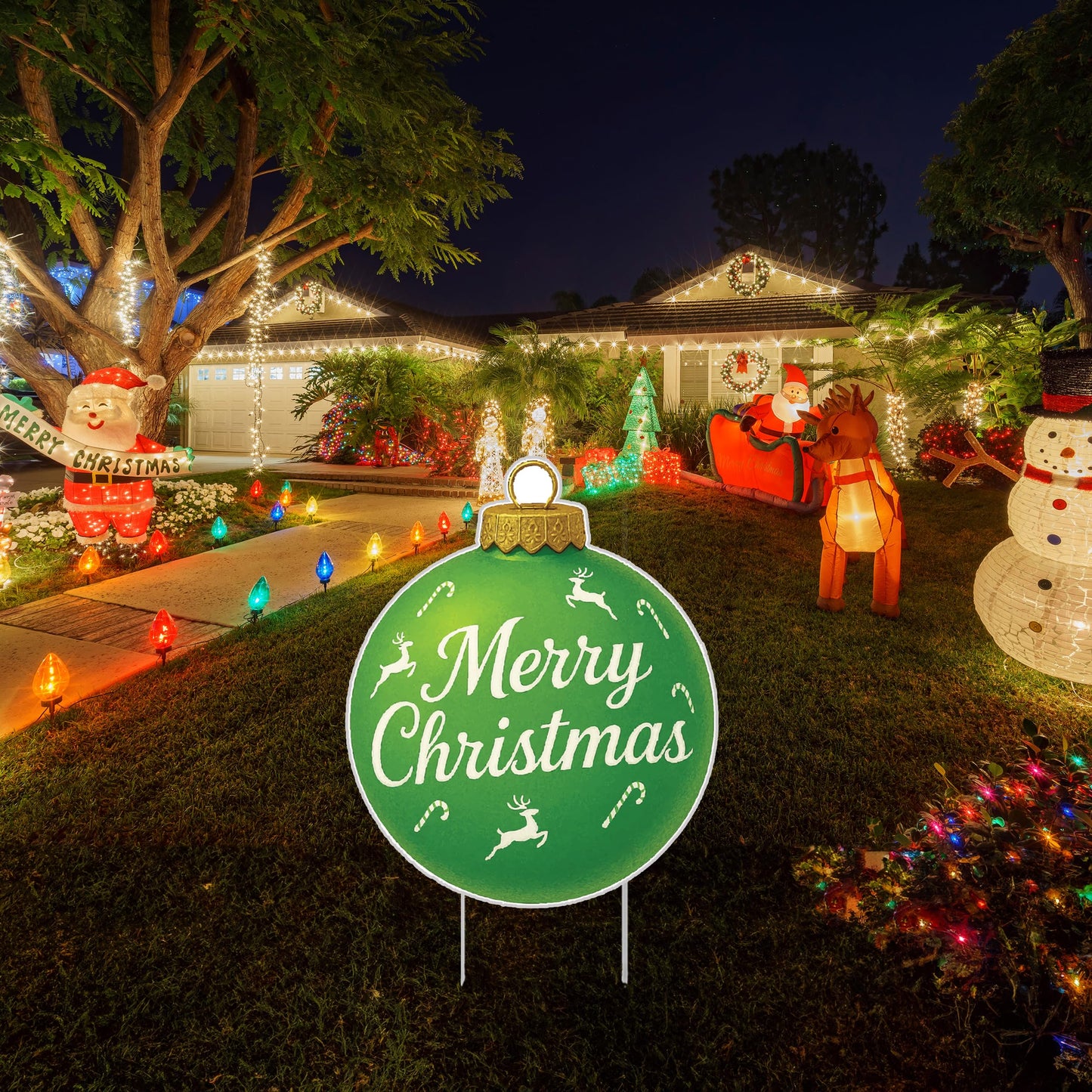 Merry Christmas Green Ornament Classic Yard Sign for Home Decor and Lawn Decoration With Stakes, Green Merry Christmas Sign Tree