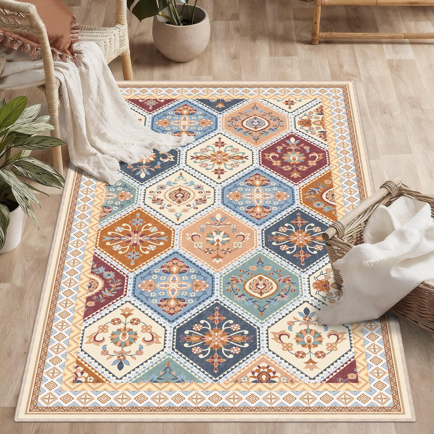 TTelephant 3x5 Washable Rug, Soft Non-Slip Boho Moroccan Rug, Low-Pile Printed Indoor Throw Rugs for Entryway, Kitchen, Bedroom Bedside, Entrance- Multi