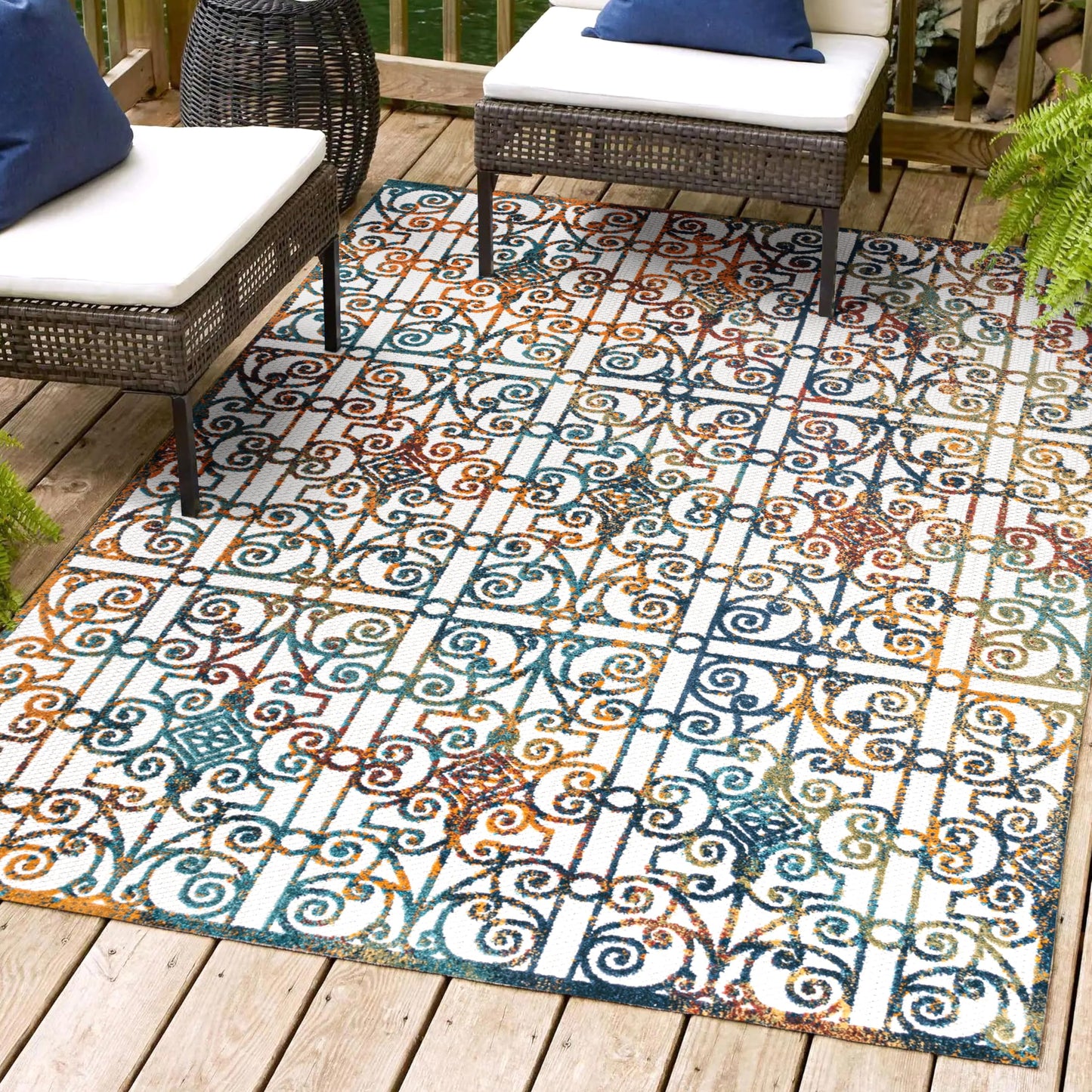 JONATHAN Y Ornate Trellis Indoor Outdoor Area Rug 3X5 Cream/Blue/Orange, Cetara for Backyard, Patio, Porch, Easy-Cleaning, High Traffic, Pet-Friendly, Non-Shedding (AMC111A-3)