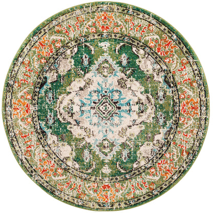 SAFAVIEH Monaco Collection Area Rug - 8' Round, Forest Green & Light Blue, Non-Shedding & Easy to Clean, Distressed Medallion Design, Ideal for Living Room, Bedroom, Dining Space (MNC243F)