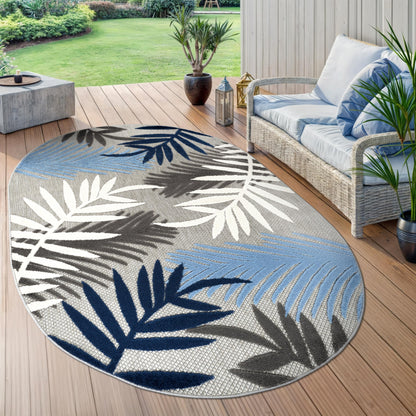 Rugshop Blue Palm Frond Indoor/Outdoor Oval Area Rug Easy Cleaning for Patio, Deck and Living Room, 5' x 7' Oval